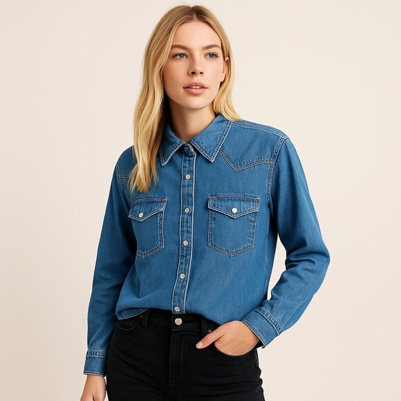 Wilfred Free Denim Western Long Sleeve Shirt XS Blue 100% Cotton Aritzia Casual - Picture 9 of 10